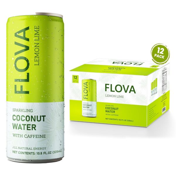 Flova Lemon Lime Energy Drink, All Natural, Electrolytes and Minerals from Coconut Water, 4 Simple Easy to Pronounce Ingredients, 99% Juice, Pack of 12 Cans