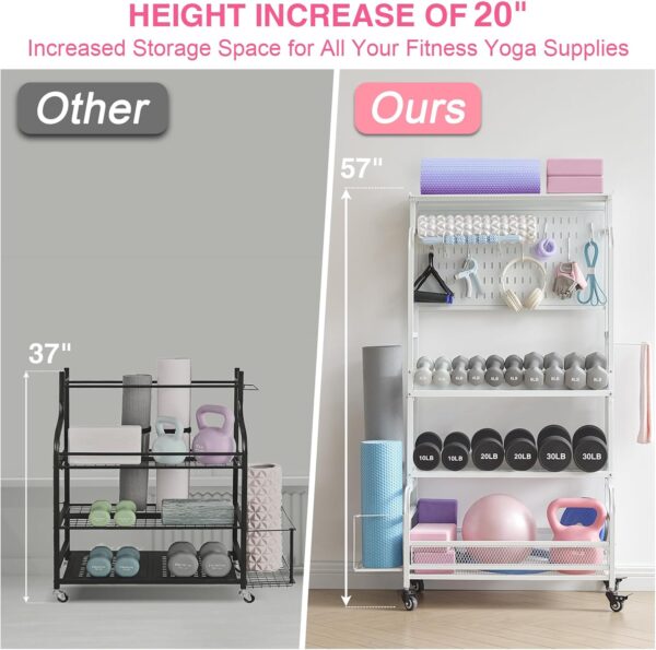 56'' Taller Home Gym Storage Organizer, Yoga Mat Storage Rack with Hanging Board, Exercise Workout Equipment Storage Stand for Home Gym, Dumbbell Holder Kettlebell Rack with Wheels and Hooks