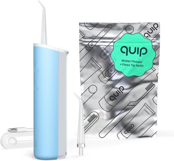 quip Water Flosser with Replacement Tip - Cordless Water Flosser with Adjustable Pressure - Teeth Cleaner Pick with 360 Degree Rotating Replaceable Tip, Rechargeable Water Dental Pick - Sky Blue