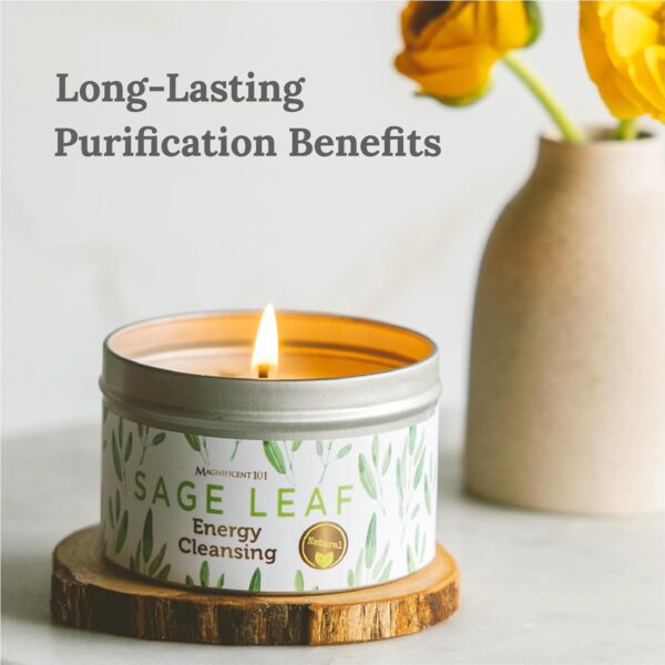 Magnificent 101 Sage Leaf Energy Cleansing Candle in 6-oz. Tin Holder: 100% Natural Soy Wax with Pure White Sage Leaves & Essential Oils for Smudging and Intention Setting; Great Housewarming Gift
