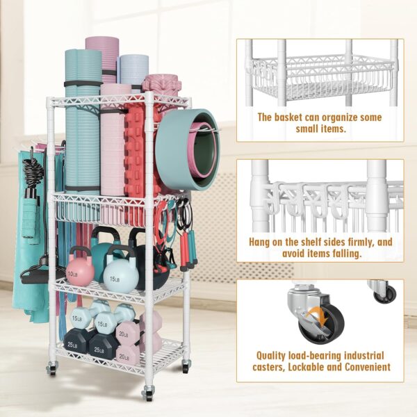 S1 Home Gym Storage, 3-Tier Workout Equipment Organizer with Wheels for Yoga Mats, Foam Roller, Dumbbells, Kettlebells, and Resistance Bands, 47.4" H x 27.5" W x 11.8" D, White