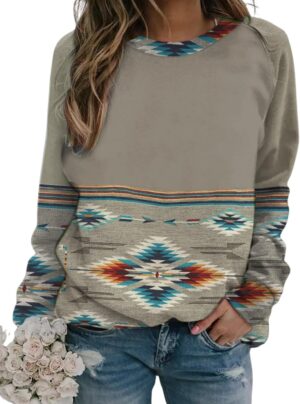 HOTYD Western Sweatshirts for Women Casual Long Sleeve Vintage Aztec Geometric Graphic Shirts Loose Crew Neck Pullover Tops