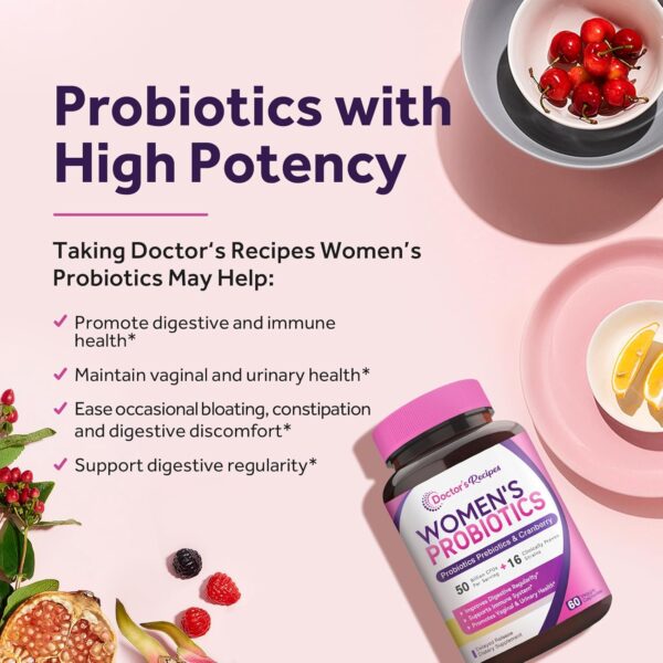 Doctor's Recipes Women’s Probiotic, 60 Caps 50 Billion CFU 16 Strains, with Organic Cranberry, Digestive Immune Vaginal & Urinary Health, Shelf Stable, Delayed Release, No Soy Gluten Dairy