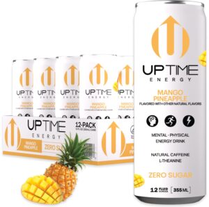 UPTIME Energy Drink, Mango Pineapple, 12 Pack, Vitamin C, L Theanine, Calcium, Sugar Free Energy Drinks for Focus Support, 142mg of Natural Caffeine, 5 Calories, Clean, Natural, Non GMO, 12 fl oz Cans