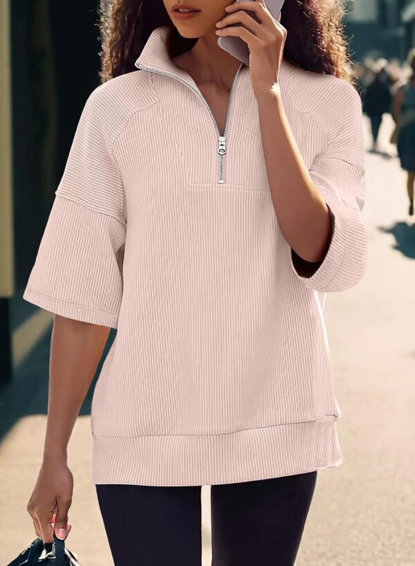 Dokotoo Womens Summer Short Sleeve Tops Zipper V Neck Lightweight Ribbed Knit Oversized Sweatshirt Casual Blouses Shirts