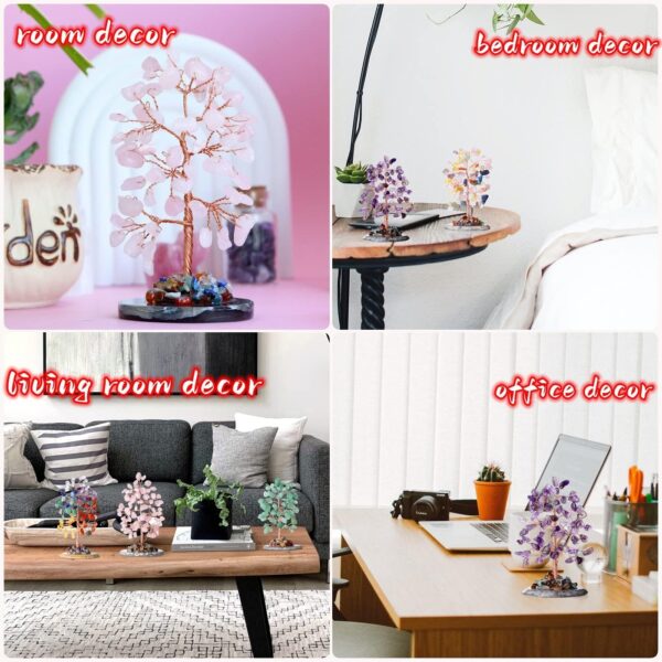 Rose Quartz Healing Crystal Tree of Life Natural Gemstone Agate Slice Base Copper Wire Wrapped Money Trees Pink Feng Shui Reiki Energy Decorations Home Office Room Desk Decor Gifts for Women Men