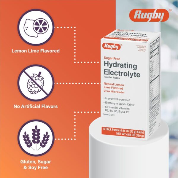 Rugby Sugar-Free Hydrating Electrolyte Powder Packs - Drink Mix Powder Packets with 5 Vitamins - Improved Hydration - Natural Lemon-Lime Flavor - 10 Stick Packs - 0.45 Oz Each (1 Pack)