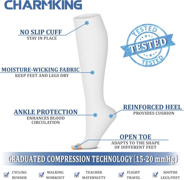 CHARMKING 3 Pairs Open Toe Compression Socks for Women & Men Circulation 15-20 mmHg is Best Support for All Day Wear