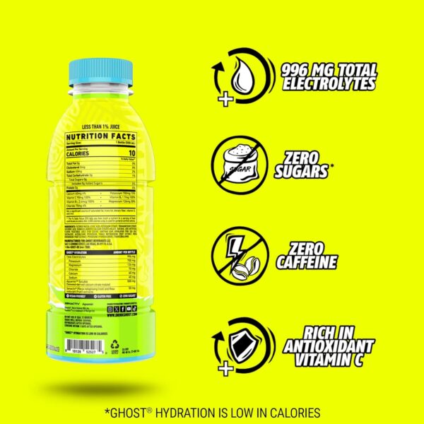 GHOST Hydration Drink, Lemon Lime - RTD Sports Drinks with Electrolytes for Hydration - Beverage for Athletes - Zero Caffeine & Zero Sugars - 16.9 Fl Oz, 12 Pack