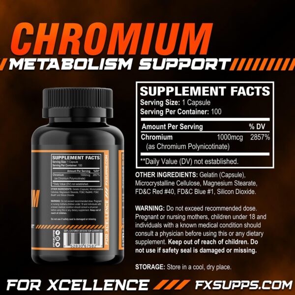 FX SUPPS Chromium Polynicotinate 1000 mcg (100 Capsules) Weight Management Supplements for Men and Women | Improves Energy Production and Heart Health