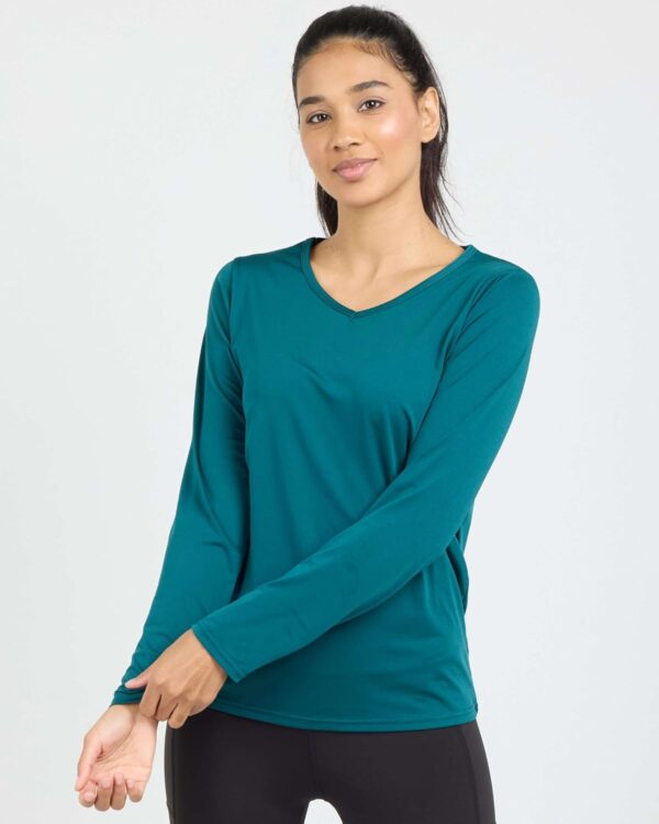 Real Essentials 4-Pack: Women's Dry-Fit Long-Sleeve V-Neck Athletic Workout Shirt (Available in Plus Size)