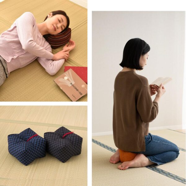 EMOOR Japanese Buckwheat Hulls Seiza Cushion Large 10x10x7in Made in Japan (Hemp-Leaves Blue), Natural Buckwheat Husks Sobagara Floor Sitting Pillow Tatami Cool Nap Side Sleepers