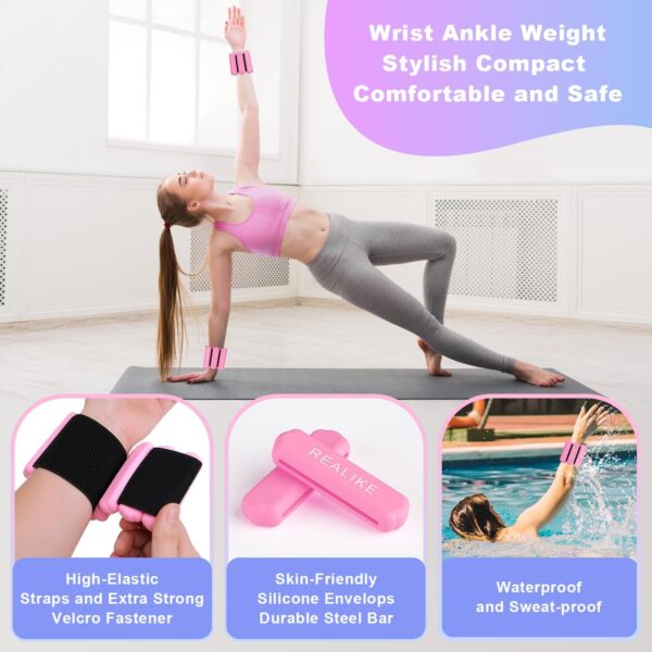 REALIKE Wrist Weights Ankle Weights for Women, Wearable Arm & Leg Weights Set of 2 (1LB Each) Adjustable Silicone Workout Ankle Weights for Walking, Yoga, Pilates,Aerobics,Gym