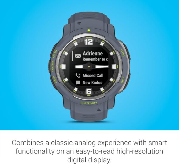 Garmin Instinct Crossover, Rugged Hybrid Smartwatch, Analog Hands and Digital Display, Blue Granite