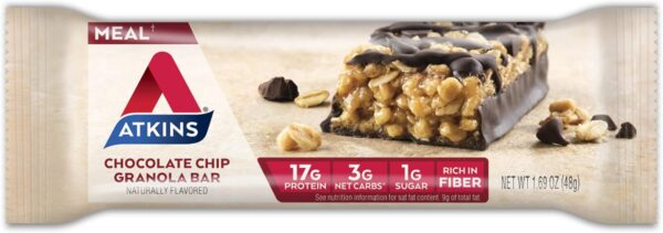 Atkins Chocolate Chip Granola Protein Meal Bar, High Fiber, 17g Protein, 1g Sugar, 3g Net Carbs, Meal Replacement, Keto Friendly, 8 Count