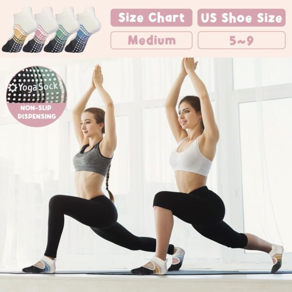 4 Pairs Grip Yoga Pilates Socks for Women ，Non-slip Yoga Athletic Socks with Grip Socks for Yoga Ballet Barefoot Workout Anti Skid