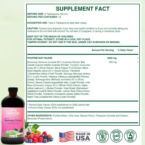 Serene Herbs Soursop Bitters Liquid Mixed Berry with Soursop Leaves for Gut Cleanse, Detox & Immune Boost with Black Seed, Moringa, Irish Moss, Ashwaganda, Turmeric, 16 fl oz | 32 Servings