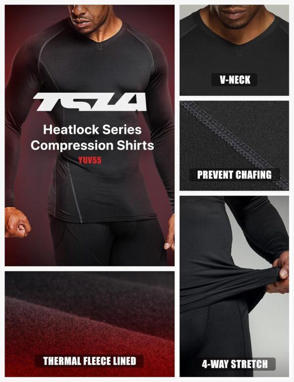 TSLA Men's Thermal V-Neck Long Sleeve Compression Shirts, Athletic Base Layer Top, Winter Gear Running T-Shirt