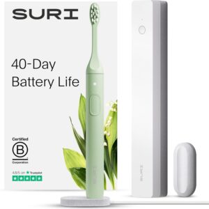 SURI Electric Toothbrush—Sustainable Electric Toothbrushes Adults, Slim Sonic Toothbrush & Accessories, 40-Day Battery, Travel Toothbrush with UV Cleaning Case, Ideal Christmas Gifts for Women & Men