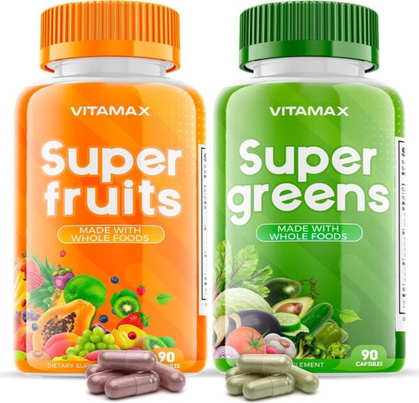 Super Fruit and Vegetable Supplements – Organic Whole Superfood Vitamins & Minerals – 90 Veggie and 90 Fruit Capsules for Women, Men, and Kids - Soy Free – Made in The USA