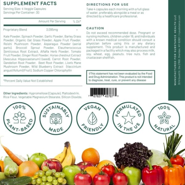 Nature's Sustenance Daily Greens, Fruits & Veggies Supplement - Superfood Vitamin Capsules - Enhance Energy, Mental Clarity, & Overall Wellness - US Made, Vegan-Friendly - 120 Servings.