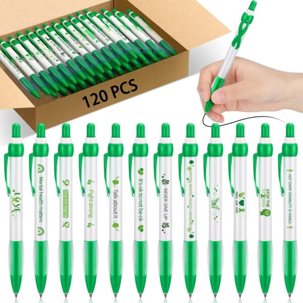 Ctosree Mental Health Awareness Pens Gifts Bulk 12 Style Green Ribbon Retractable Gel Pens Black Ink Mental Health Awareness Accessories Favors Items for Office Charity Stuffers(120 Pcs)