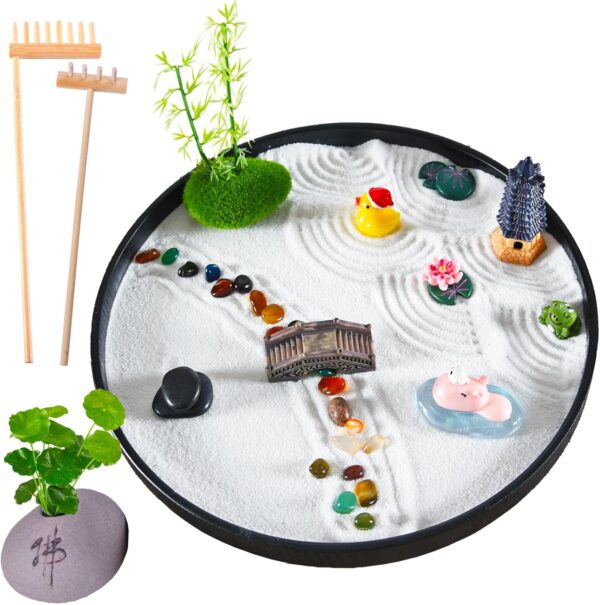 amberr Zen Garden for Desk - Premium Japanese Mini Sandbox Rock Garden Kit. Zen Sand Garden Mindfulness Gifts for Kids. Office Desk Accessories Meditation Room Decor Sand Tray Therapy Gift