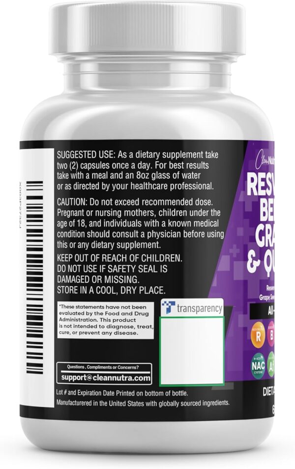 Clean Nutraceuticals Resveratrol Berberine Grape Seed Extract Quercetin Green Tea Extract Polyphenol Supplement for Women & Men w/N-Acetyl Cysteine, Acai Extract - 1Pack