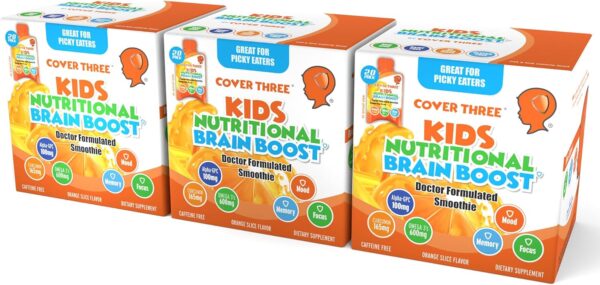 Cover Three Kids Brain Supplement Smoothie, Omega 3 Liquid Childrens DHA Fish Oil - Emotional, Physical Health - Focus and Attention, Heart, Vision Support, 20 Pouches (Orange) (3 Boxes)