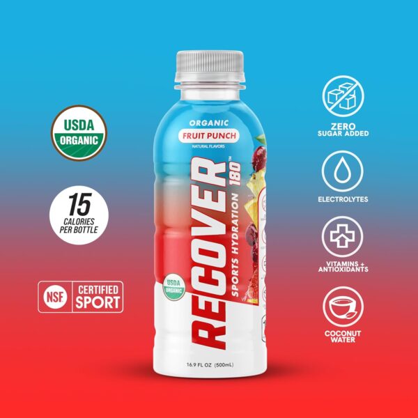 RECOVER 180 Organic Sports Hydration Drink, No Sugar Added, 15 Calorie Sports Beverage, Organic Flavors With Vitamins, Potassium-Packed Electrolytes (16.9 Fl Oz (Pack of 12), Fruit Punch)