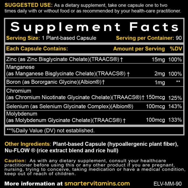 15mg Zinc Glycinate from Albion® 6 Essential Trace Bisglycinate Minerals, Manganese, Boron, Chromium, Selenium, Molybdenum Supplement, 90 Plant-Based Vegan Capsules