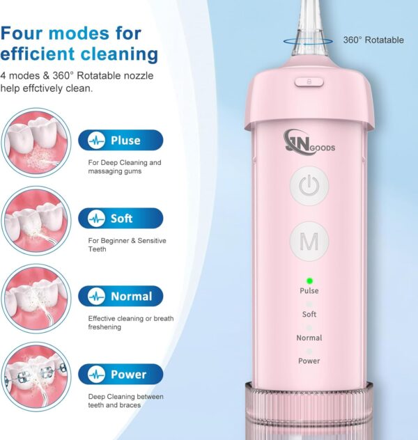 Mini Portable Water Flosser Oral Irrigator Water Teeth Cleaner Pick, Telescopic Water Tank, 4 Modes & IPX7 Waterproof, Home & Travel Water Flossers for Teeth, Braces Bridges Care. (Pink)