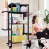 Yoga Mat Storage Rack with Wheels, 3 Tier Home Gym Workout Equipment Organizer for Dumbbells, Kettlebells, Foam Rollers