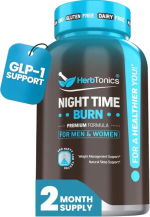 Herbtonics Night Time Weight Supplement with Melatonin to Support Sleep & Metabolism | Melatonin & L-Theanine for Women & Men | Sleep Aid Supplement with GLP-1 Support | 60 Vegan Capsules