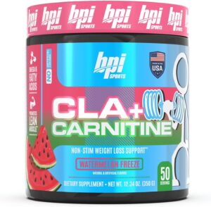 BPI Sports CLA+Carnitine–Conjugated Linoleic Acid–Weight Loss Formula –Metabolism, Performance, Lean Muscle–Caffeine Free–For Men & Women–Watermelon Freeze–50 servings – 12.34 oz.(Packaging May Vary)