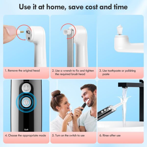 Rechargeable Tooth Polisher Kit for Daily Cleaning, Whitening and Polishing, Electric Dental Teeth Polisher with LED Light, 5 Brush Heads, 5 Speed Modes, Waterproof