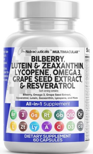 Clean Nutraceuticals Eye Health Vitamins with Bilberry Lutein & Zeaxanthin 40mg Lycopene 40mg Resveratrol Grape Seed Extract Omega 3 Astaxanthin - Eye Vitamin - 60 Capsules