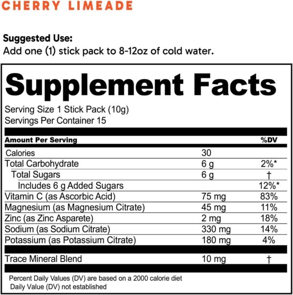 Hydrate Electrolyte Drink Mix | Cherry Limeade Flavor | NSF Certified | Electrolytes, Vitamin C, Magnesium, Zinc, Potassium | Used by Athletes & US Military | Boost Performance | 15 Packs