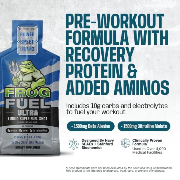 Frog Fuel Ultra Pre Workout Shot & Energy Gel with 1500mg Beta Alanine, Electrolytes 8g Protein Nano-Hydrolyzed Grass Fed Collagen, 10g Carbs, Gluten Free, Fat Free, Berry, 1.2 oz Packets, 24 Pack
