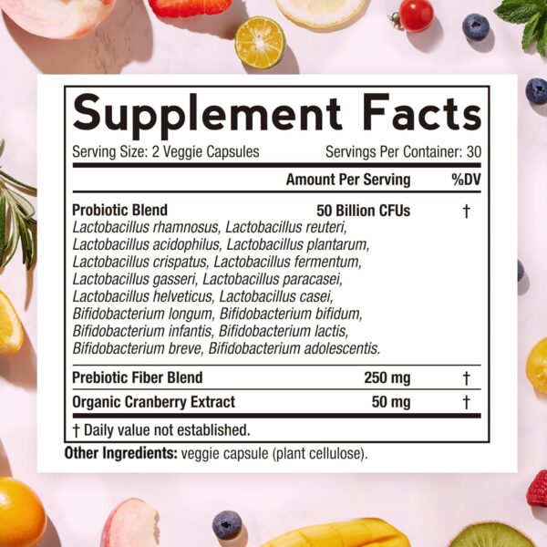 Doctor's Recipes Women’s Probiotic, 60 Caps 50 Billion CFU 16 Strains, with Organic Cranberry, Digestive Immune Vaginal & Urinary Health, Shelf Stable, Delayed Release, No Soy Gluten Dairy