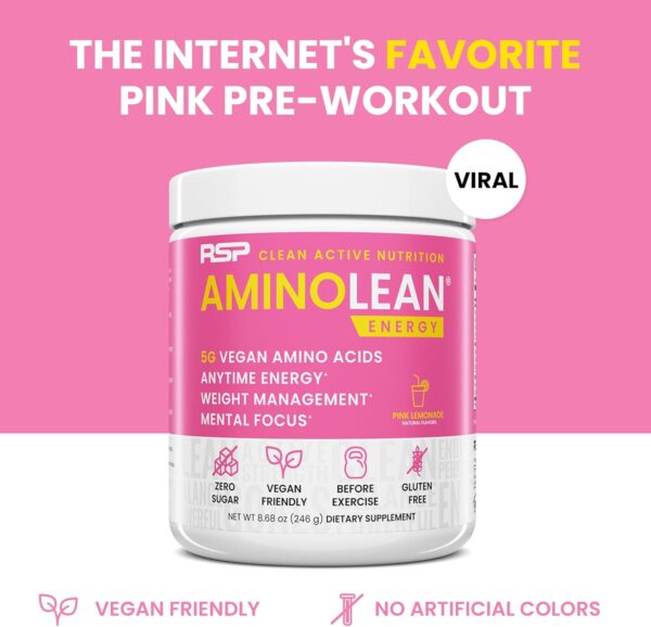 RSP NUTRITION AminoLean Pre Workout Powder, Amino Energy & Weight Management with Vegan BCAA Amino Acids, Natural Caffeine, Preworkout Boost for Men & Women, 30 Serv, Pink Lemonade…