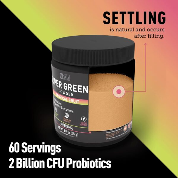 Super Greens Powder | Superfood to Support Digestive Enzymes and Bloating with 2 Billion Probiotics | Support Energy Levels & Gut Health | GMP Certified, Non-GMO | Tropical Fruit Refresher