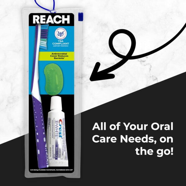 Reach Ultraclean Travel Kit Toothbrush with Toothbrush Cap and Toothpaste, Multi-Angled, Soft Bristles, TSA-Airport Friendly, Resealable, Portable and Reusable Bag