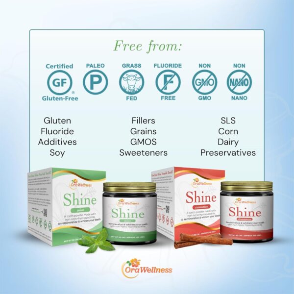 OraWellness Shine Remineralizing Tooth Powder, Natural Teeth Whitening Powder with Hydroxyapatite, Flouride Free Tooth Repair, Natural Teeth Whitening, Teeth Polish & Stain Remover, Fresh Mint