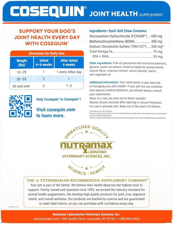 Cosequin Joint Health Supplement for Dogs - With Glucosamine, Chondroitin, MSM, and Omega-3's, 120 Soft Chews