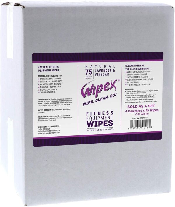 Wipex Natural Fitness Equipment Wipes, 75 Lavender & Vinegar Wipes, Yoga Mat Cleaner, Gym Wipes for Equipment, Bulk Gym Wipes for Everyday Use, 75 Count (Pack of 4)