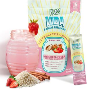 Hydration + Immunity Sugar-Free Powder Packets Horchata StrawberryElectrolyte Agua Fresca Drink Mix Wellmune & Acerola Extract 15 Single Serve Sticks Low Calorie
