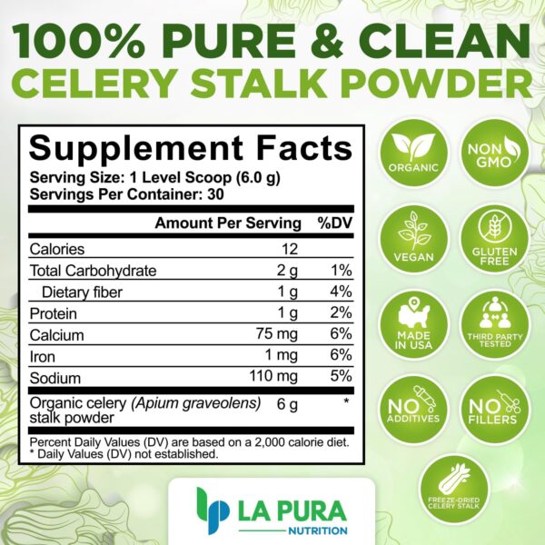LaPura Organic Celery Powder Detox Cleanse - Fresh Celery Juice Powder to Support Gut Health & Naturally Detox - Cleanse & Detoxify, Antioxidant Just Celery Organic 30 Servings, 6.35 Ounce
