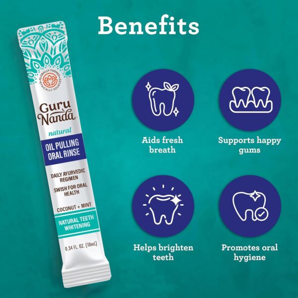 GuruNanda Travel Sachets Coconut Oil Pulling, Fresh Breath & Whitening Mouthwash, 7 Essential Oils & Vitamins for Happy Teeth & Gums, 28 Sachets