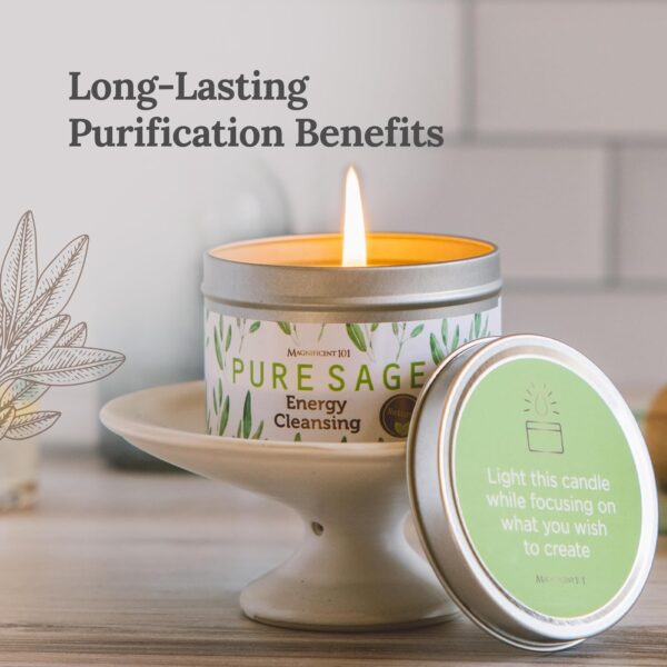 Magnificent 101 Long Lasting Pure White Sage Candle - 6 Oz - 35 Hour Burn Time | Organic, All Natural, Soy Candle to Cleanse Your Home & Calm, Soothe, Use with Sage Smudge Kit